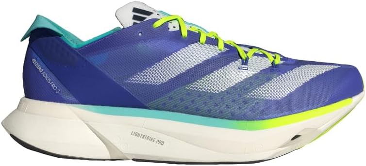 White and black Adidas Adizero Adios Pro 3 road racing shoe in side view