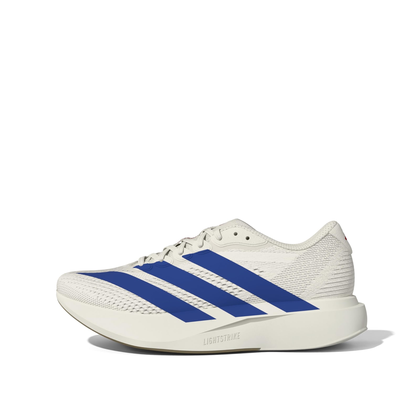 Side profile of a white Adidas Adizero Pacer with blue three-stripe branding