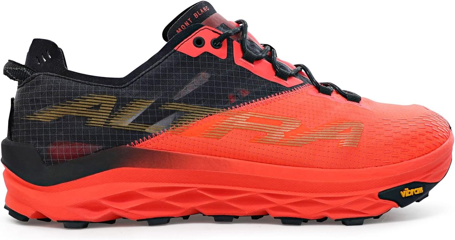 White and red Altra Mont Blanc zero-drop trail running shoe in side view