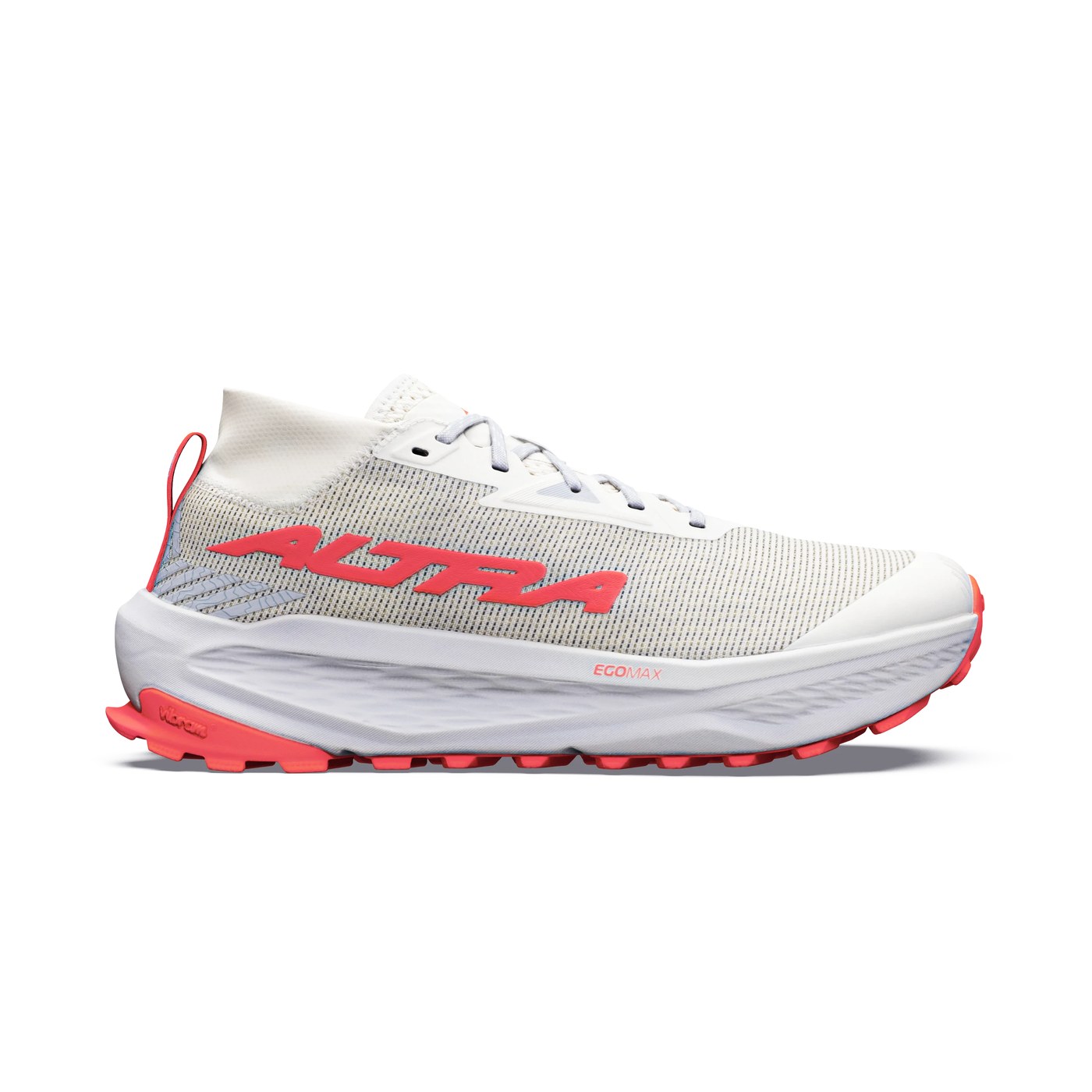 Off-white Altra Olympus 275 HiLo trail shoe with coral branding and outsole lugs, shown in lateral profile