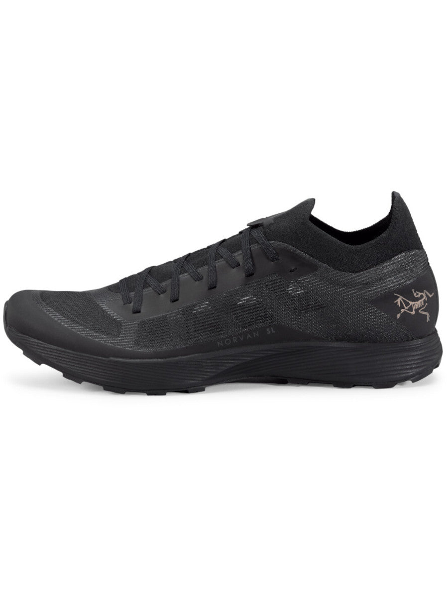 Black Arc'teryx Norvan SL 3 trail running shoe shown from the side