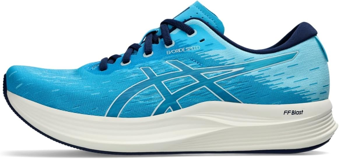 ASICS EvoRide Speed road running shoe shown from the lateral side with a curved forefoot sole