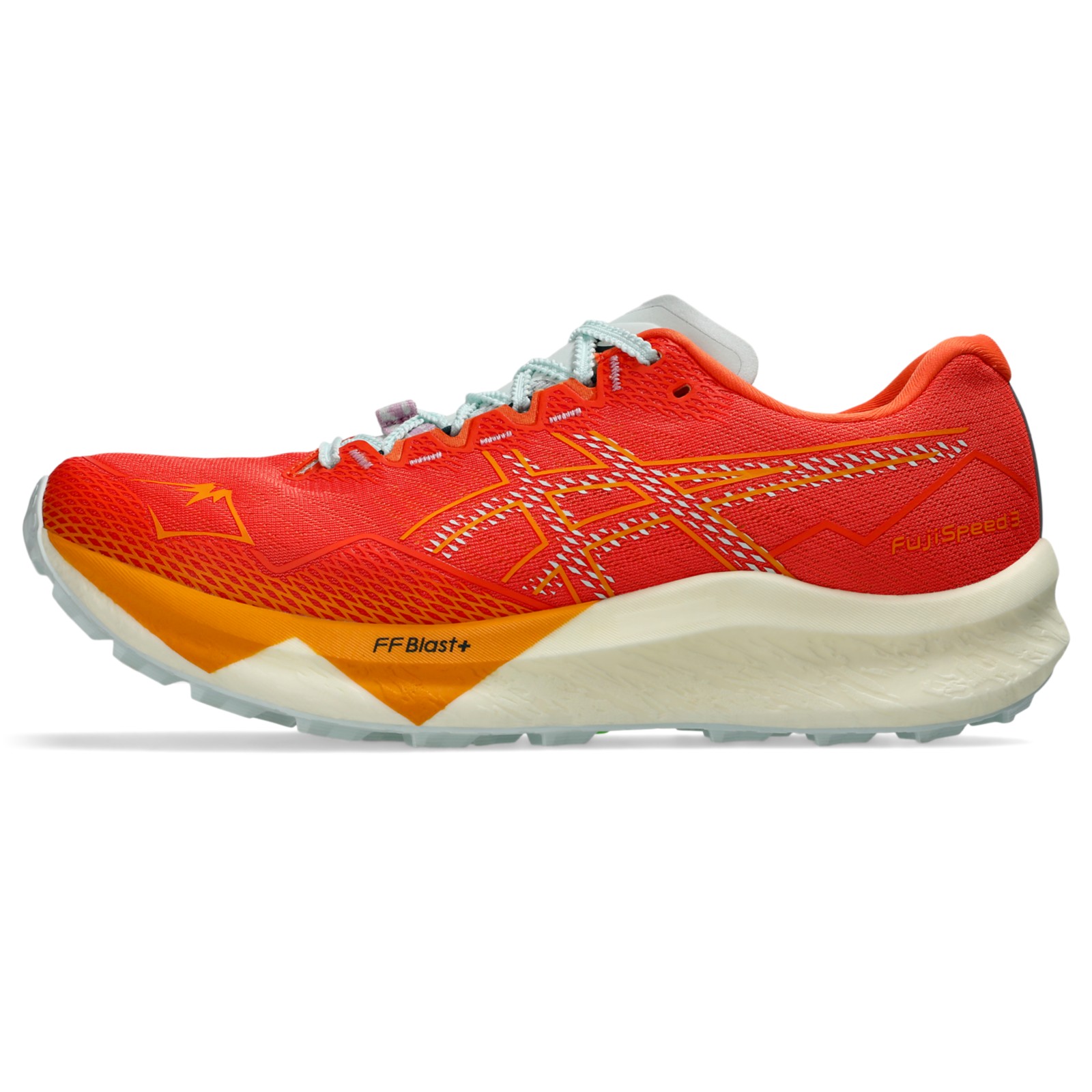 Orange and aqua ASICS FujiSpeed 3 carbon-plated trail shoe in lateral profile