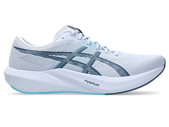 Pale gray ASICS Hyper Speed 6 running shoe with dark teal stripes and an aqua outsole accent, shown in lateral profile
