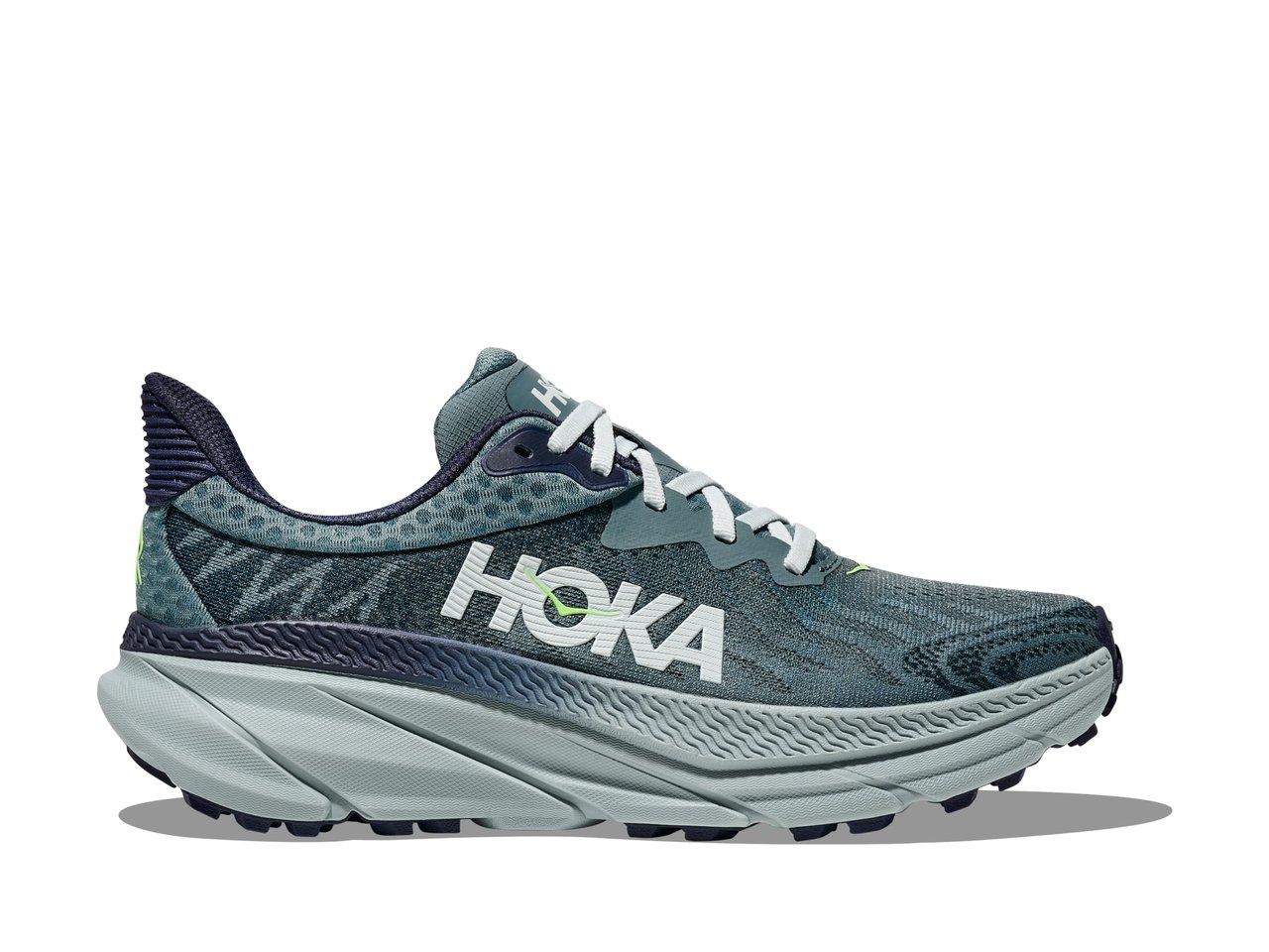 Green HOKA Challenger ATR 7 road-to-trail running shoe in side profile