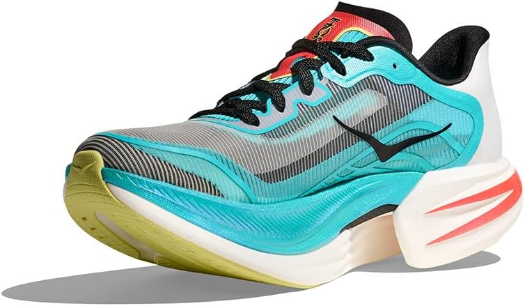 White and orange HOKA Cielo X1 carbon-plated road racing shoe in side view