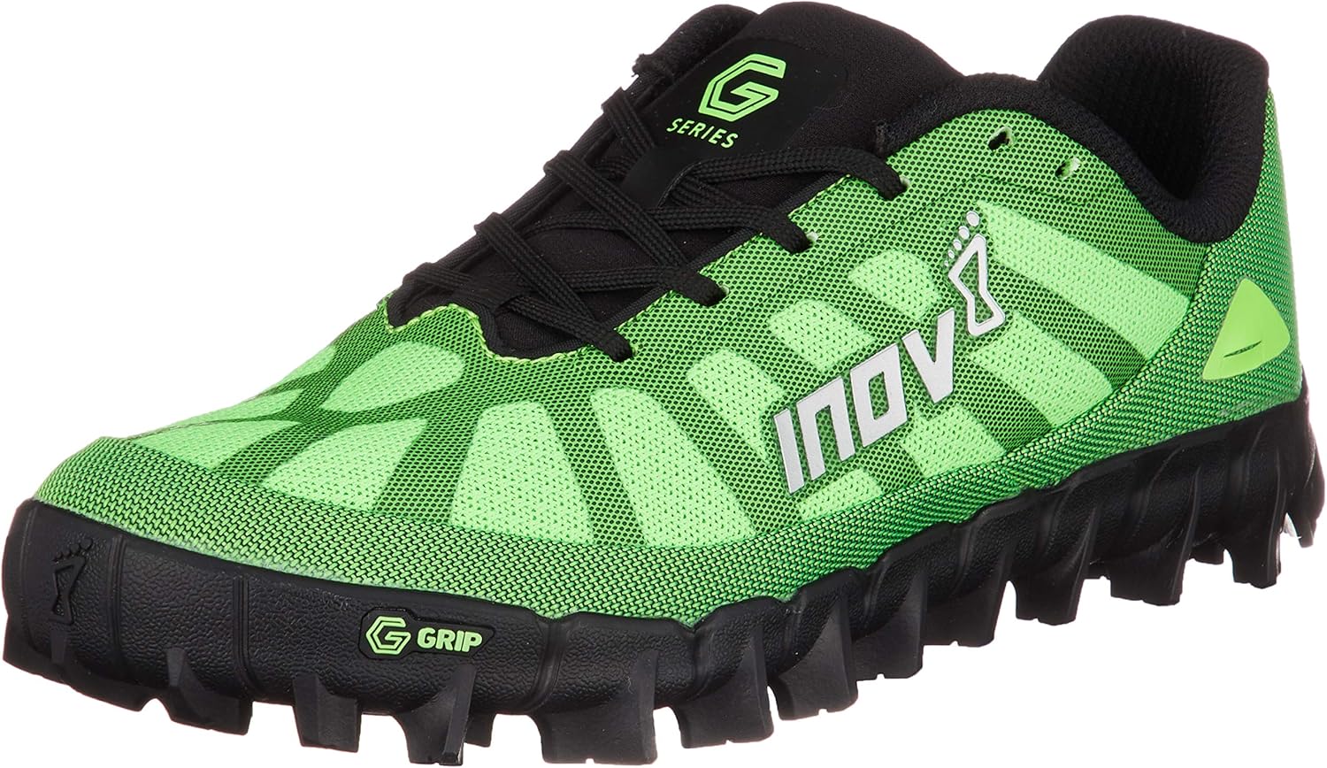 Black and green Inov-8 Mudclaw G 260 fell running shoe in side view
