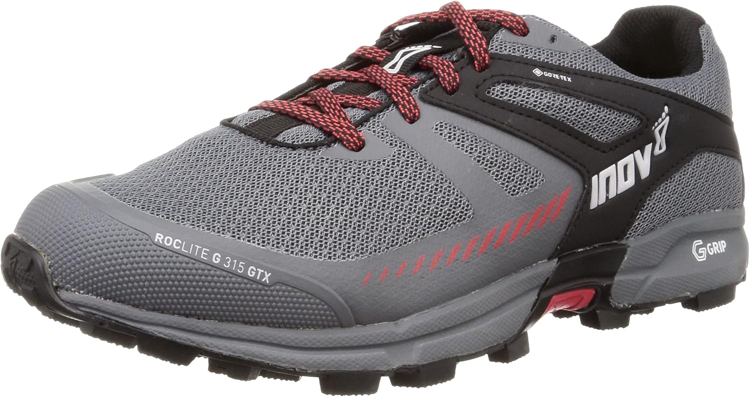 Black and green Inov-8 Roclite G 315 GTX waterproof trail shoe in side view