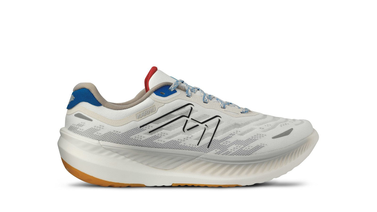 White Karhu Fusion 4.5 road running shoe with blue and red accents, shown in lateral profile