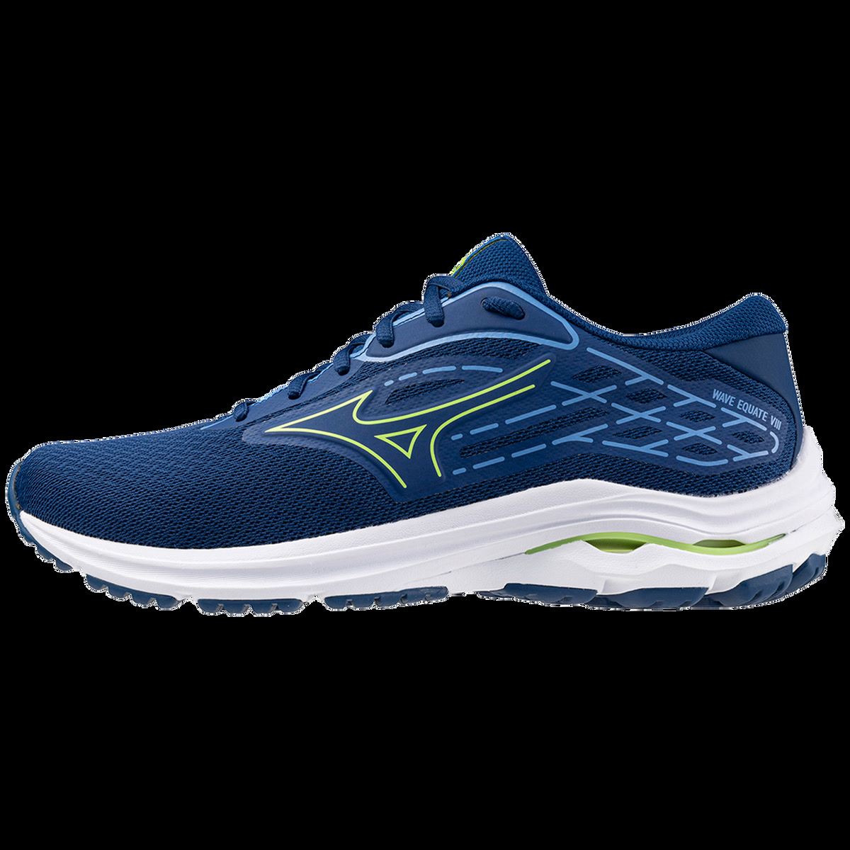 Blue Mizuno Wave Equate 8 stability road running shoe in side profile