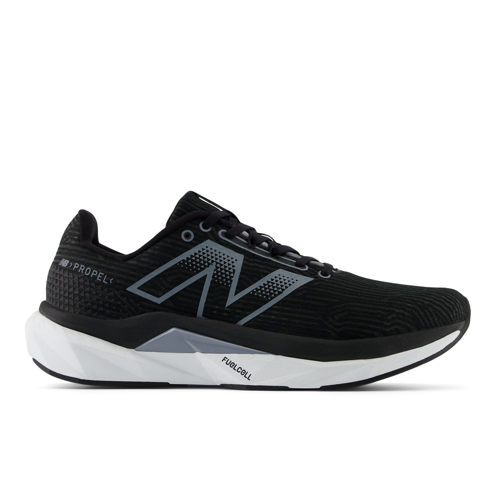 Black New Balance FuelCell Propel v5 road running shoe with a white FuelCell midsole, shown in lateral profile