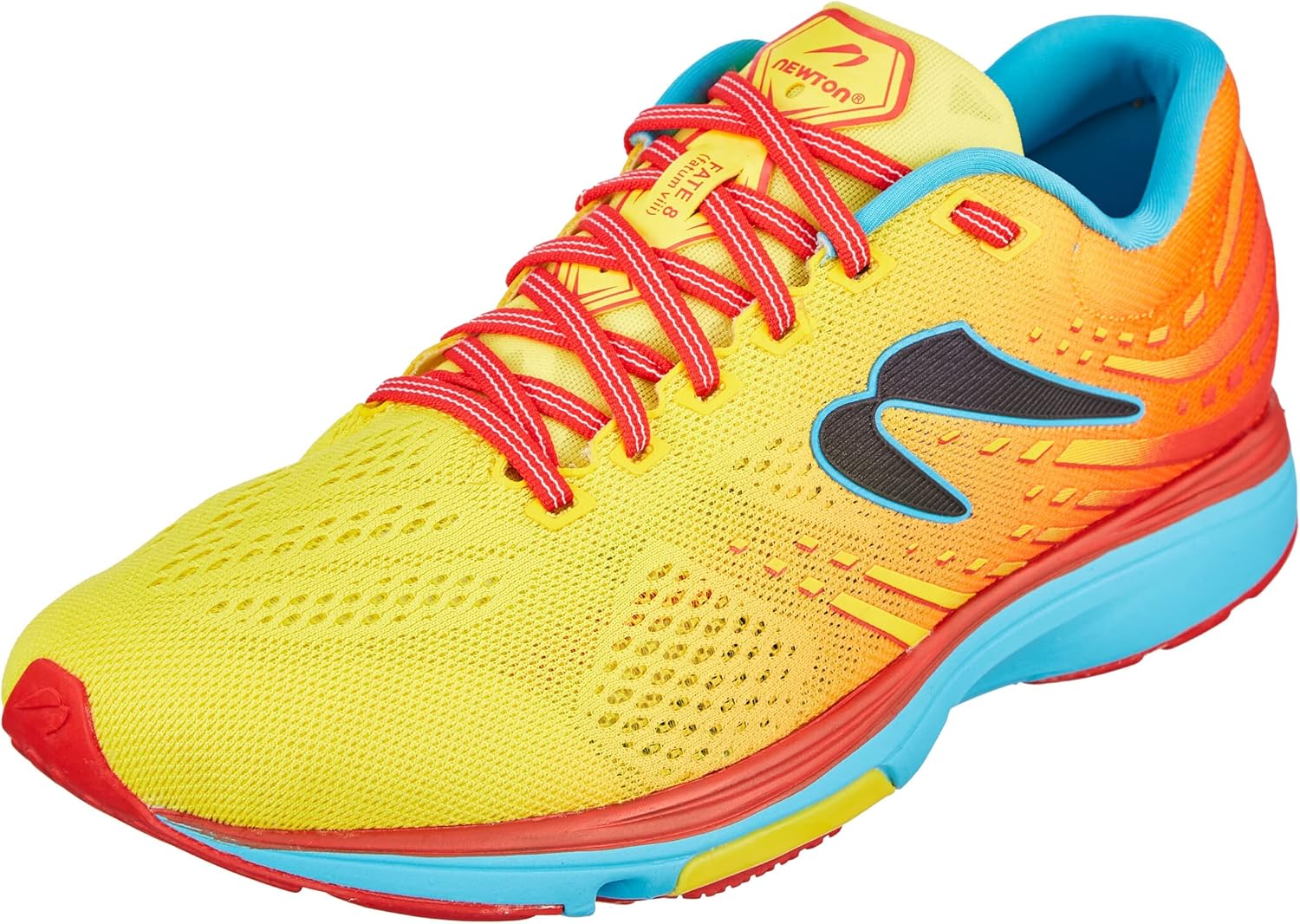 Orange and blue Newton Fate 8 neutral road running shoe in side view