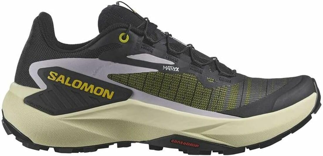 Red Salomon Genesis technical trail running shoe in side view