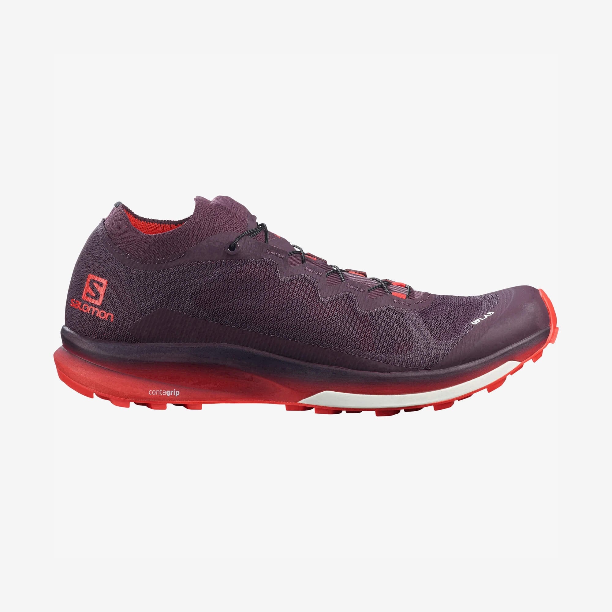 Red and white Salomon S/Lab Ultra 3 trail running shoe with black overlays, shown in lateral profile