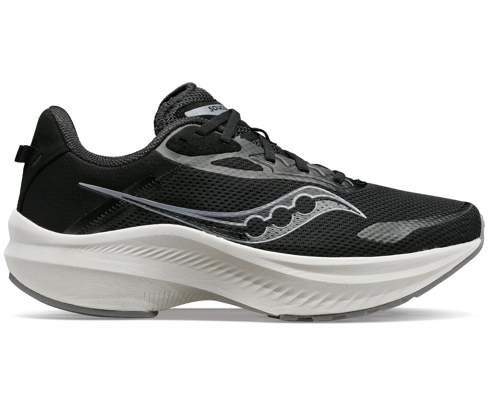 Black Saucony Axon 3 road running shoe with a white high-stack midsole, shown in lateral profile