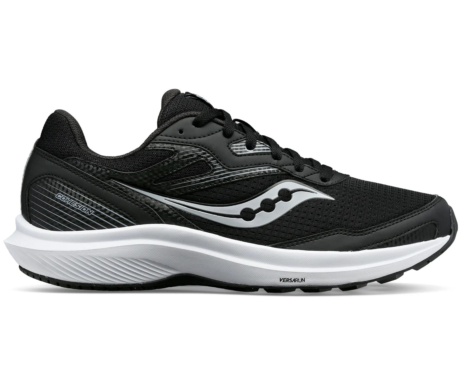 Black Saucony Cohesion 16 road running shoe with a white midsole, shown in lateral profile
