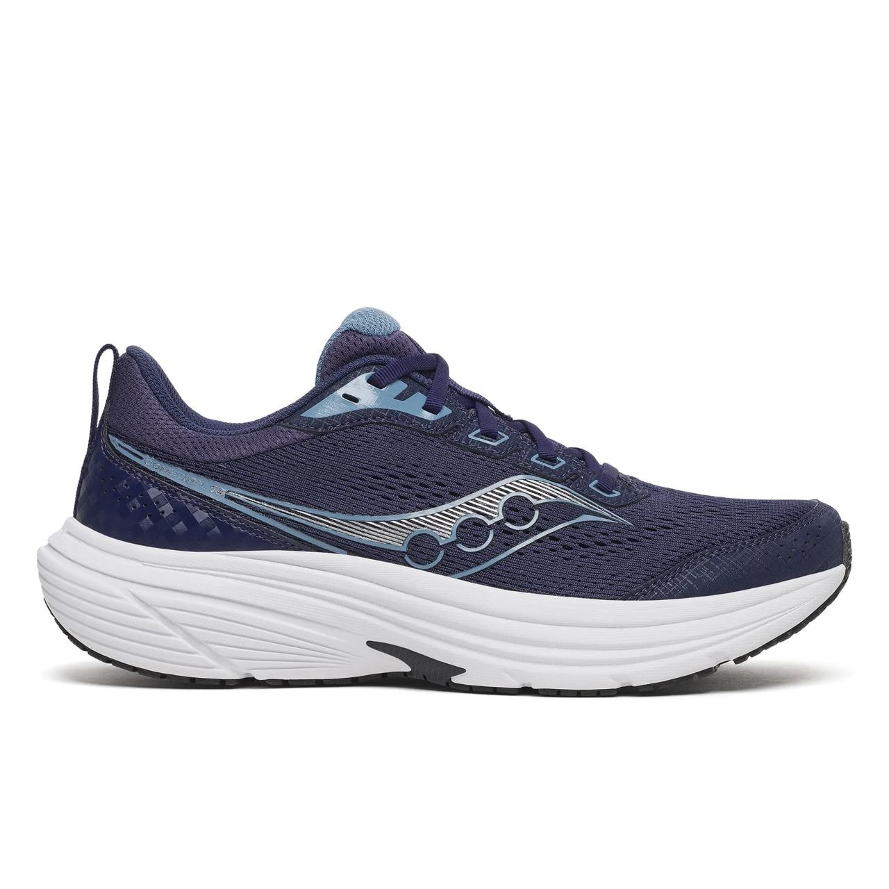 Dark navy Saucony Cohesion 19 running shoe with a light blue side logo and thick white midsole, shown in lateral profile