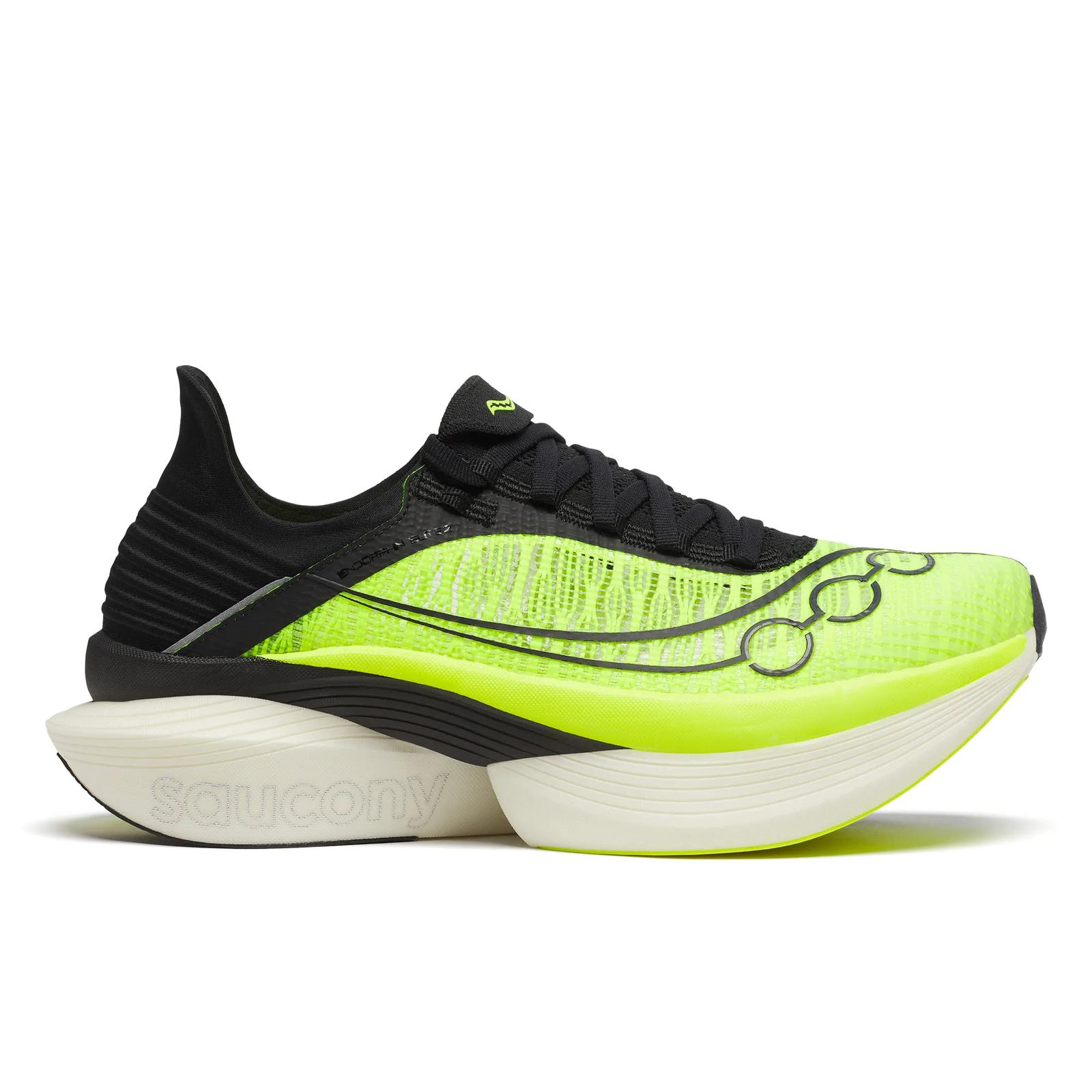 White Saucony Endorphin Elite 2 racing shoe with black and orange accents, shown in lateral profile