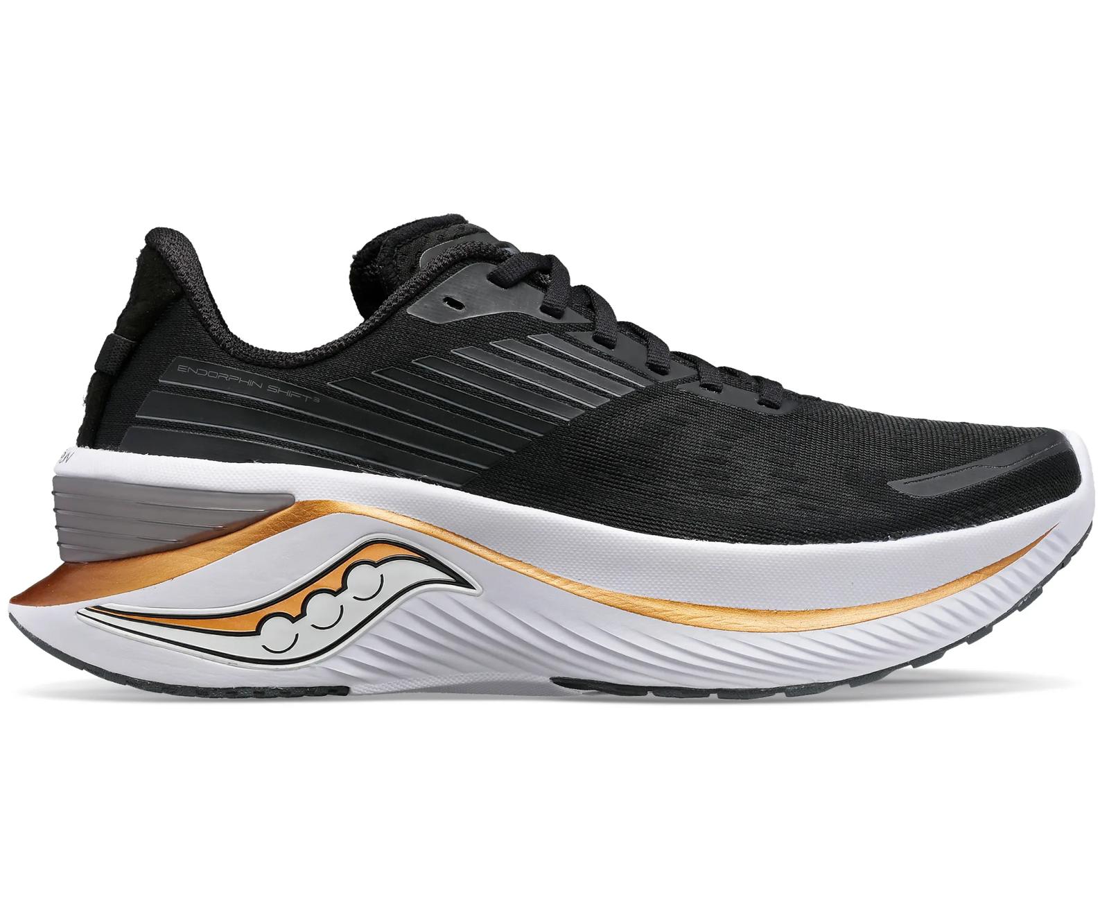 Black Saucony Endorphin Shift 3 high-stack road running shoe in side profile