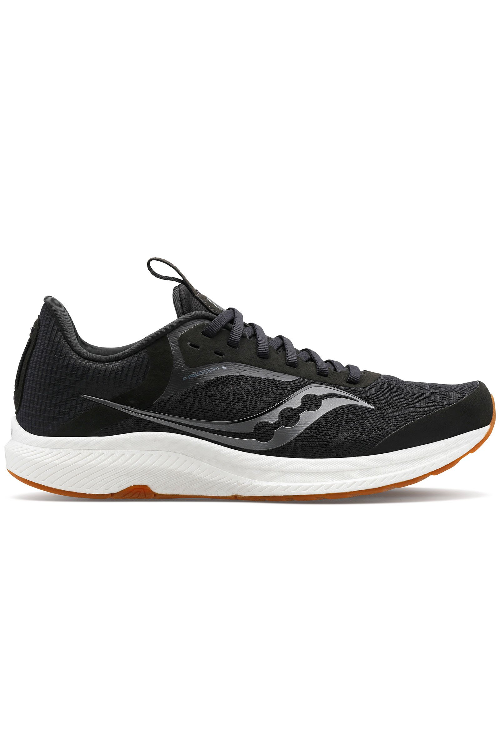 Black Saucony Freedom 5 road and training shoe with a gum outsole, shown in lateral profile