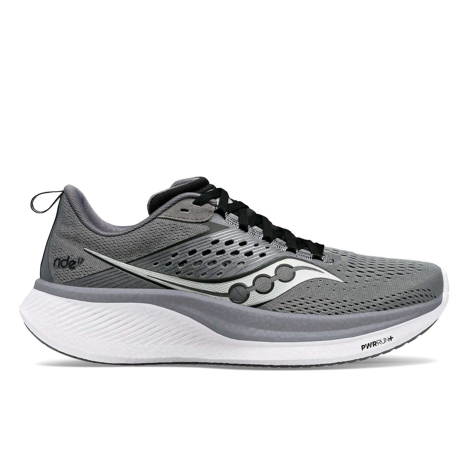 White Saucony Ride 17 road running shoe with red accents, shown in lateral profile