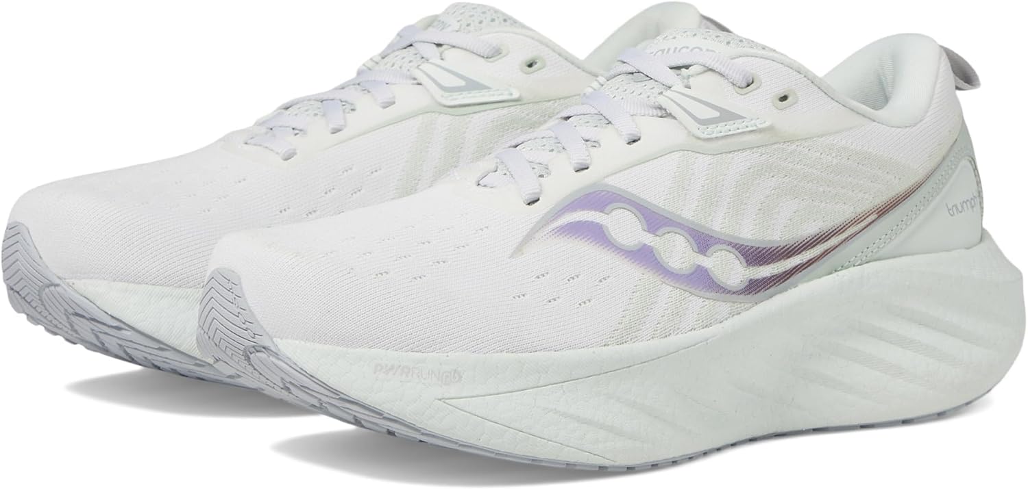 White Saucony Triumph 22 cushioned road running shoes in three-quarter view