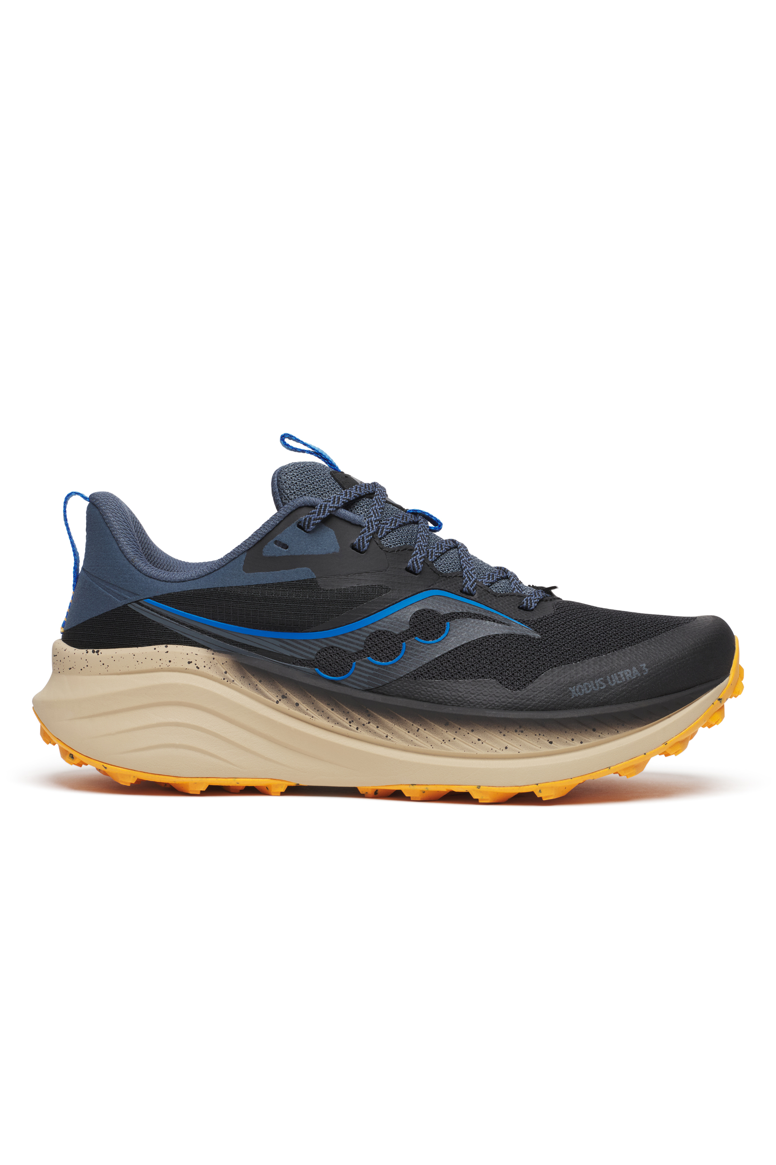 Black Saucony Xodus Ultra 3 trail running shoe with orange accents and a lugged outsole, shown in lateral profile