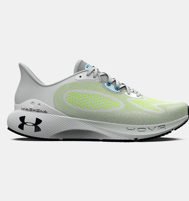 Gray Under Armour HOVR Machina 3 road running shoe shown in lateral profile