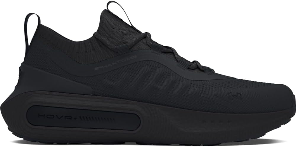 Under Armour Phantom 4 black sportswear shoe with a molded upper and thick HOVR Plus midsole, shown in profile