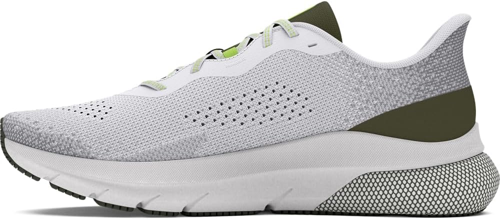 Light gray Under Armour HOVR Turbulence 2 road running shoe with olive accents and a black heel
